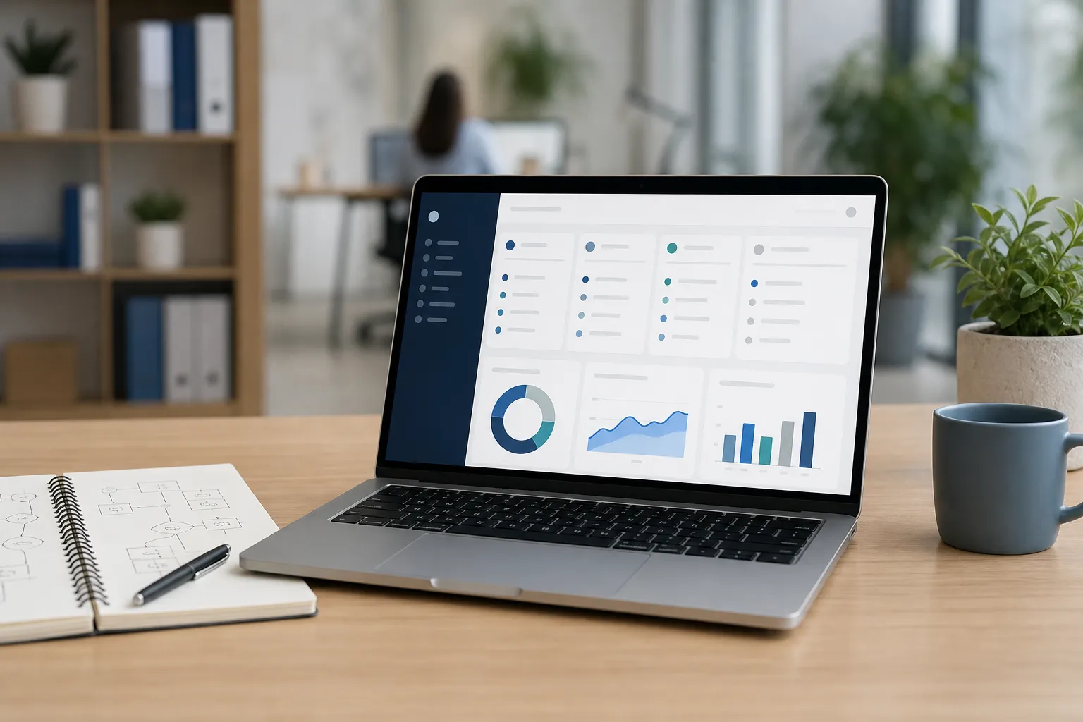 Schermata concettuale di un programma gestionale aziendale con clienti, attività e report organizzati