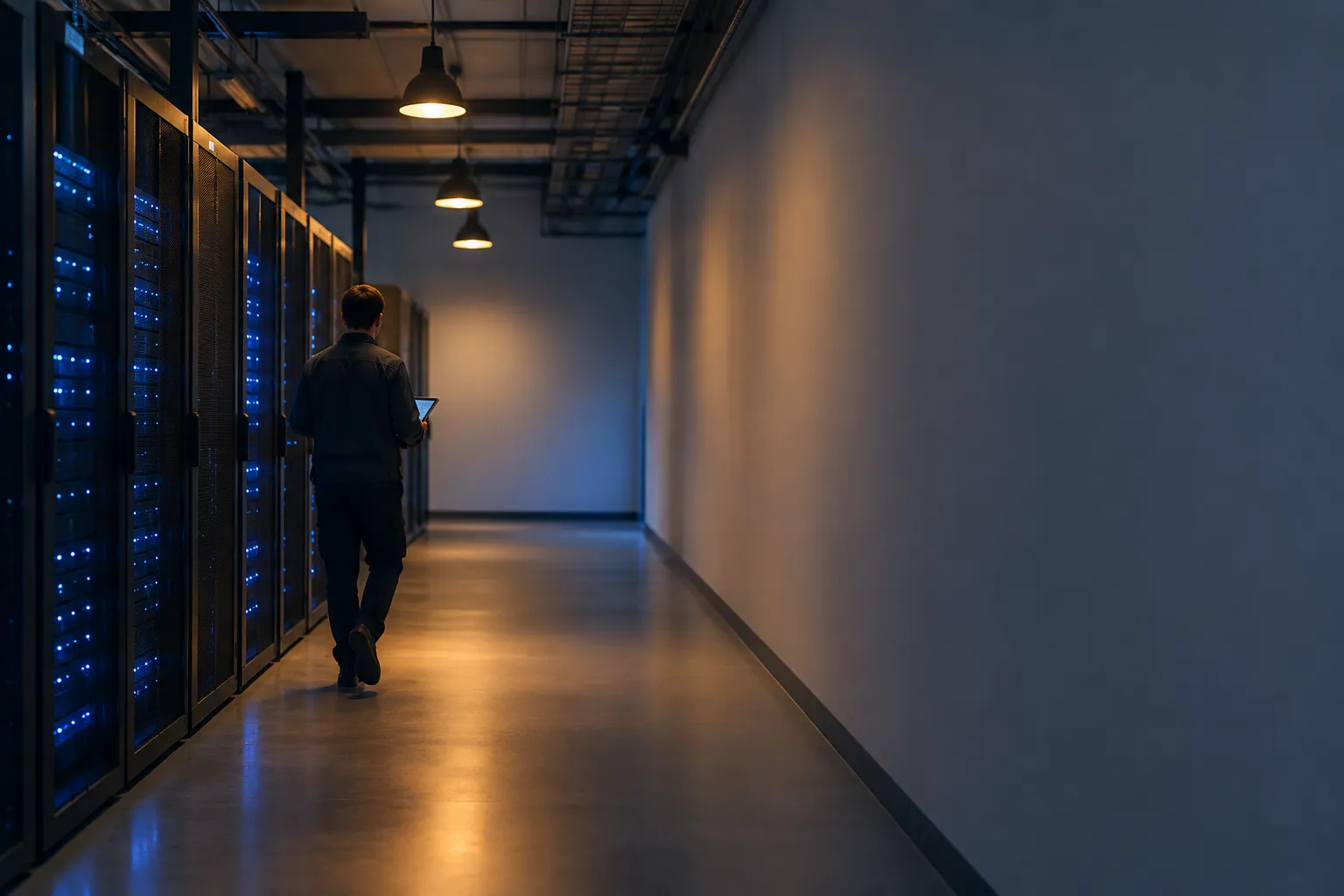 Tecnico di spalle tra gli armadi di archiviazione dove si conservano le copie di backup