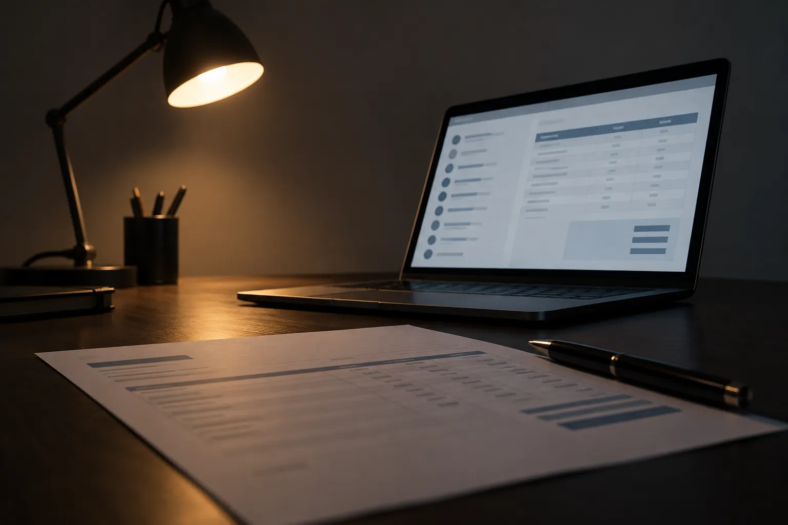 Scrivania di ufficio con computer, fatture e lista clienti collegate tra loro