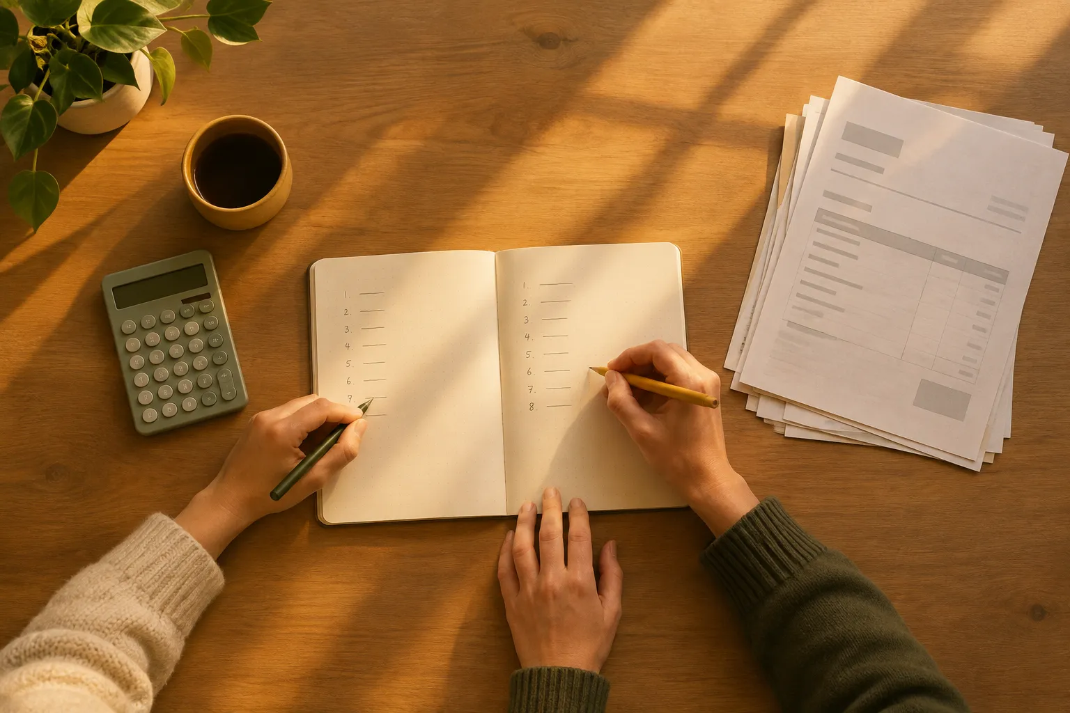 Mani che annotano costi e priorità della digitalizzazione delle PMI su un quaderno