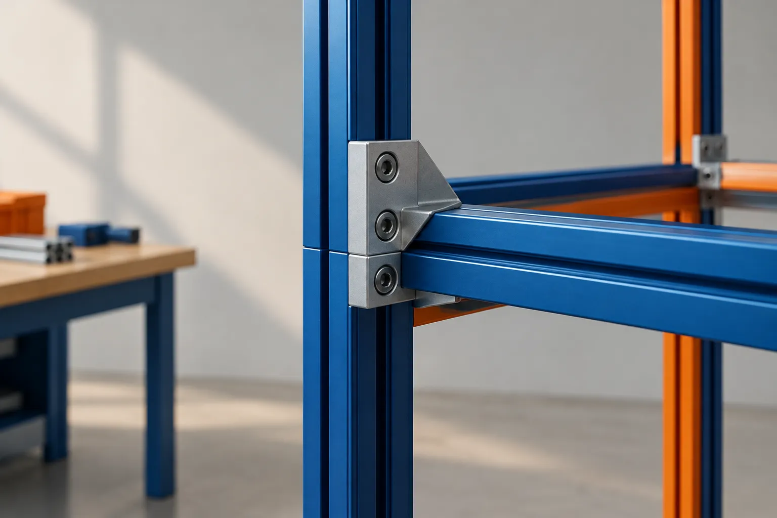 Primo piano di una struttura modulare in alluminio con giunti di collegamento