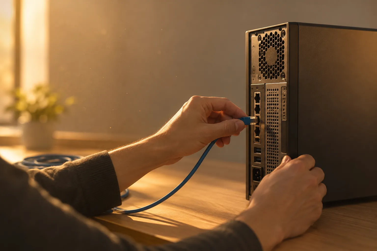 Mani che collegano un cavo di rete a un piccolo server di un software on premises
